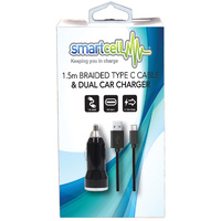 1.5m Braided Type C Cable & Dual Car Charger - Smartcell